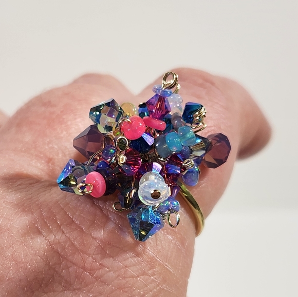 ◇ Genuine Artisan 14KGF With Ethiopian Opals & Swarovski Crystals Cluster Ring - Picture 13 of 15